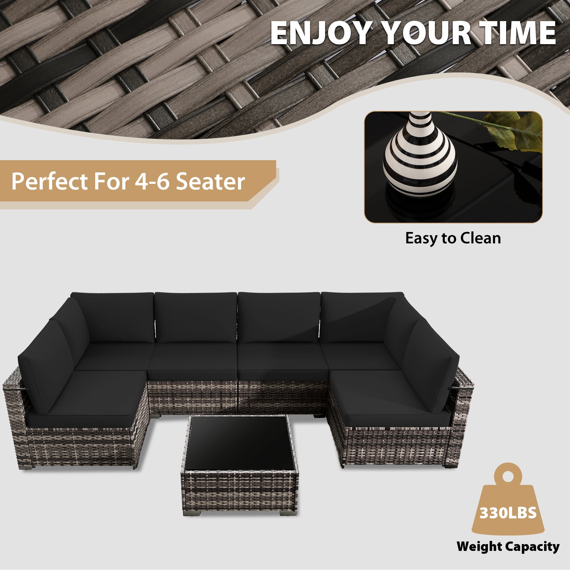 KIGOTY 7 Piece Outdoor Patio Furniture, Wicker Rattan Outdoor Conversation Set Sectional Sofas for Backyard, Garden, Beige-Black