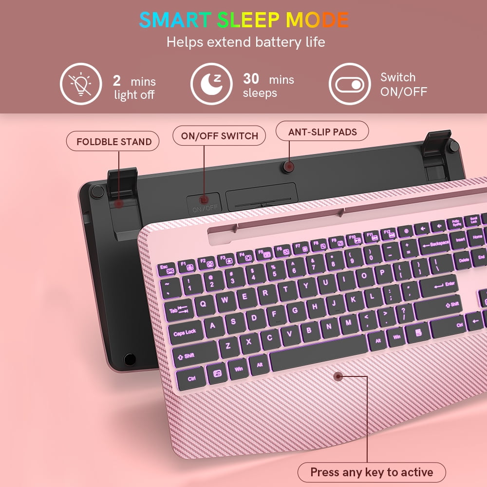 Wagpak Wireless Keyboard with 7 Colored Backlits, 102-Count and Wrist Rest (Rose gold)
