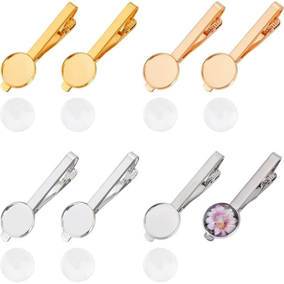 8Pcs 4 Colors Brass Tie Clip with Cabochon Classic Tie Bars Tie Pins Metal Pinch Clip with Blank Cabochon Bezel Tray for DIY Men DIY