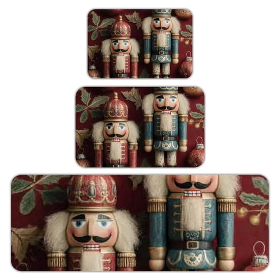 RKSupls Kitchen Rug Set 3 Piece Anti-Slip Flannel Floor Mats, Nutcracker Ornaments Red Washable Absorbent Runner Mats for Kitchen Bathroom Home Decor