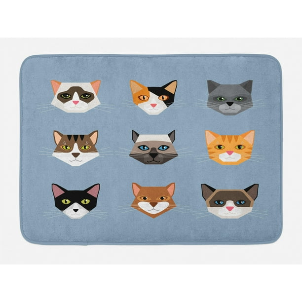 Cat Bath Mat, Animal Portrait Set with Cute Kittens Face Whiskers