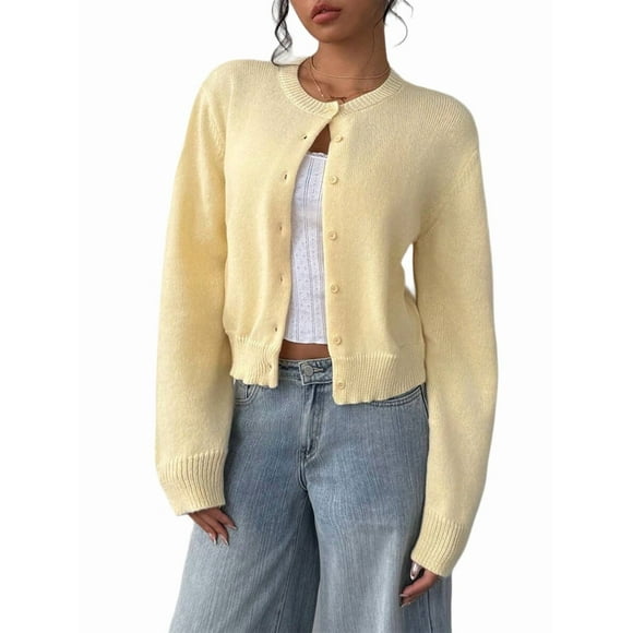 Women'S Button Down Long Sleeve Crewneck Crop Cardigan Sweater Cute Knitwear Clothes Yellow XL