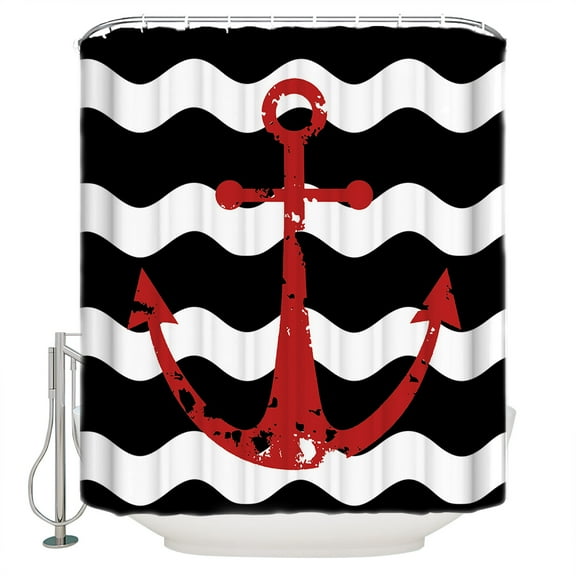 Red Nautical Shower Curtain, 66" x 72", Anchor Navy Blue Wavy Stripes Waterproof Bathroom Curtain Washable Shower Curtain Set with 12 Hooks