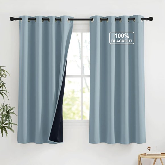 AIR-Blackout Curtains 63 Inches Long Room Darkening Thermal Insulated Short Curtain Draperies Anti-Rust Grommet for Kitchen, Energy Saving Smart Curtains, 2 Panels, Greyish Blue, 52 x 63