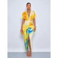 thumbnail image 4 of Womens Yellow Floral Print Deep V-Neck Bodycon Maxi Dress With Side Slit, 4 of 5