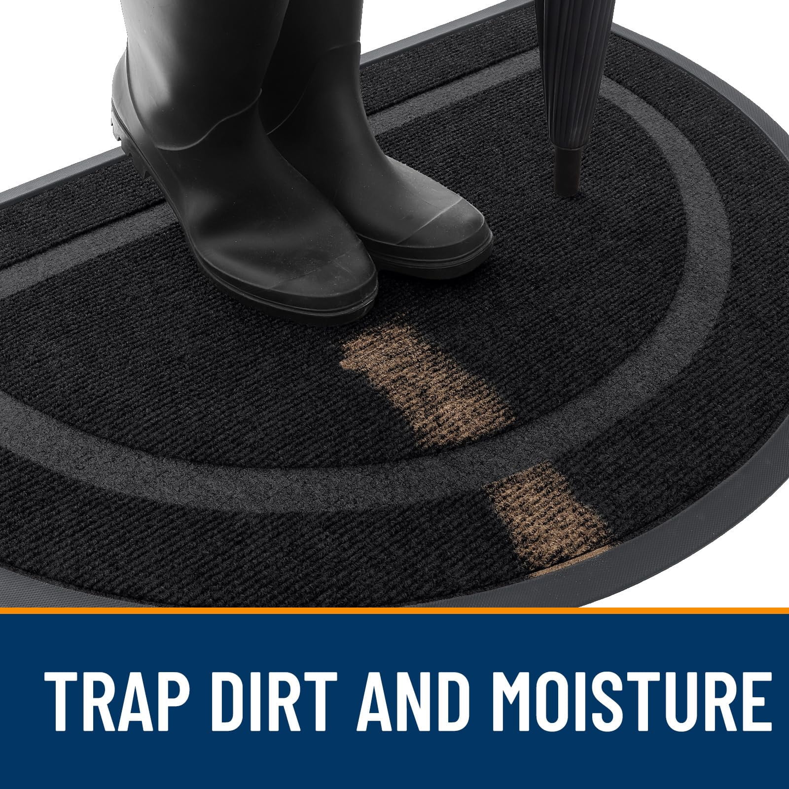 Buganda Half Round Door Mat, Heavy Duty Rubber Entrance Mat, Low Profile Dirt Trapper Doormat Outside, 36" x 24", Black