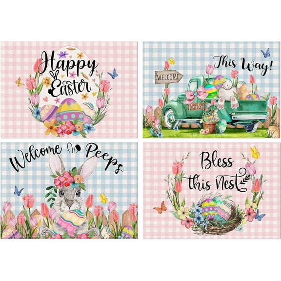 Moderong Easter Placemats Set of 4, Easter Placemats 12x18 Inch for Dining Table Kitchen Decorations, Bunny Rabbit Table Mats, Spring Farmhouse Rustic Eggs Table Decor