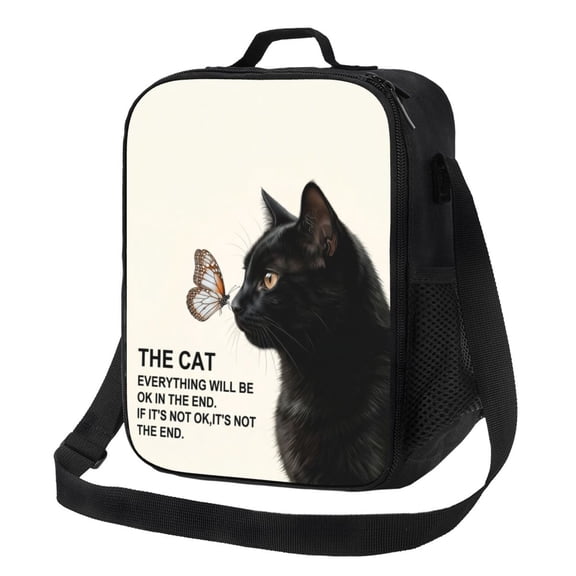 Black Cat Lunch Box Insulated Thermal Leakproof Cute Funny Whimsical Cat Reusable Lunch Bag With Shoulder Strap Large Capacity For Office Travel