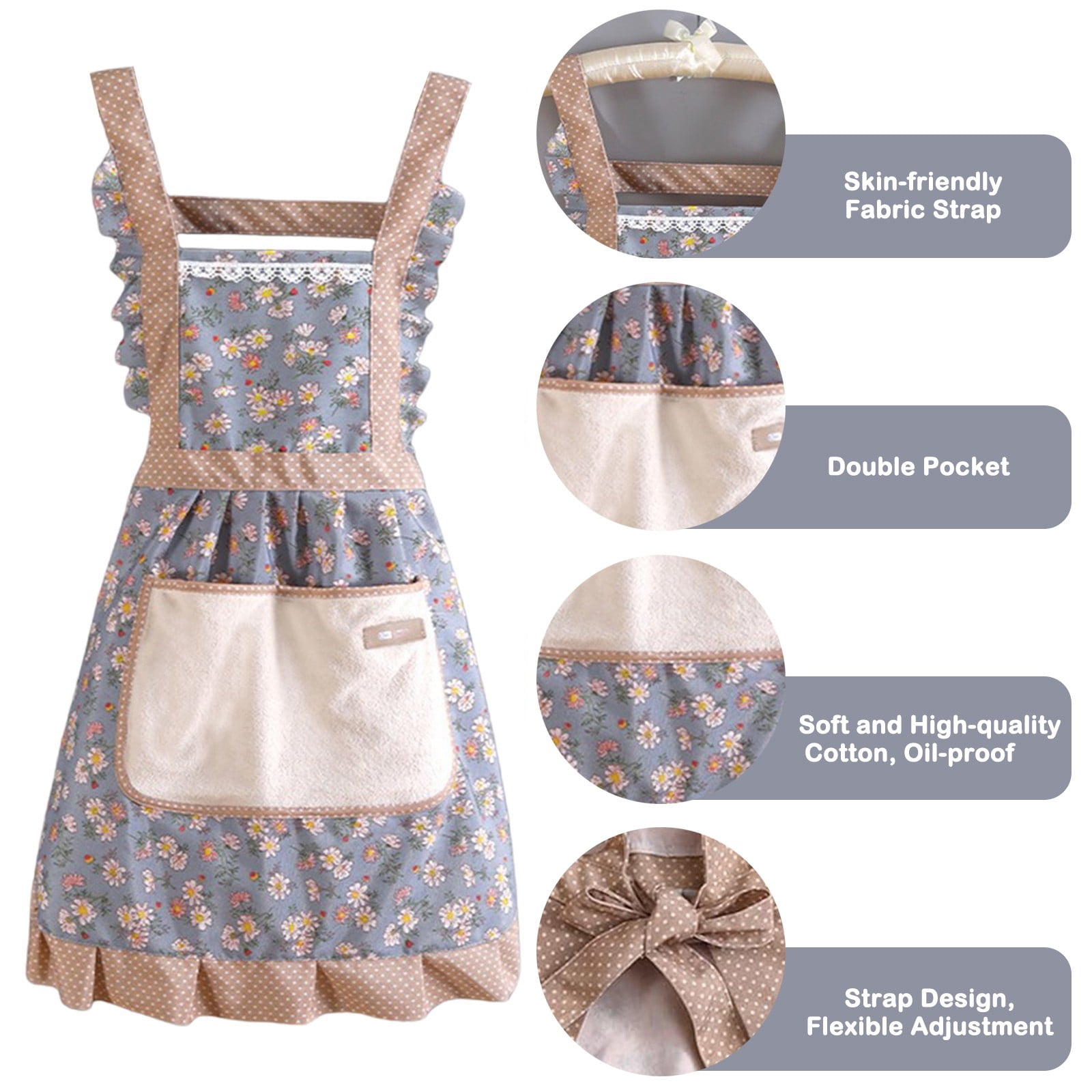 EaseDay Women Aprons with Pockets, Floral Cotton Kitchen Apron for Cooking and Baking, Vintage Style Pink Garden Apron Dress, Soft Mandiles para Mujer