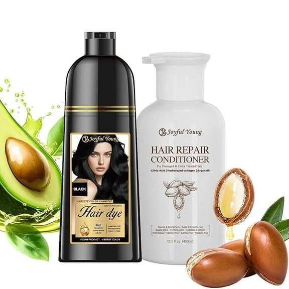 3-in-1 Natural Hair Dye Shampoo & Hair Repair Conditioner Bundle - Gray Coverage & Deep Moisture - Vegan, Sulfate-Free, Color-Safe - Argan Oil, Collagen - 2x400ml (BLACK)