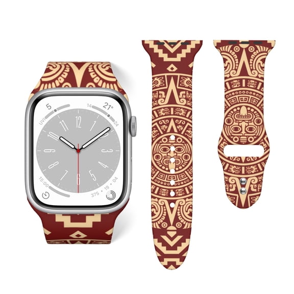 Ancient Mesoamerican Heritage Pattern Soft Silicone Sport Band 38mm40mm Wristband for Apple Watch, Waterproof Buckle Strap for Series 9/8/7/6/SE/Ultra