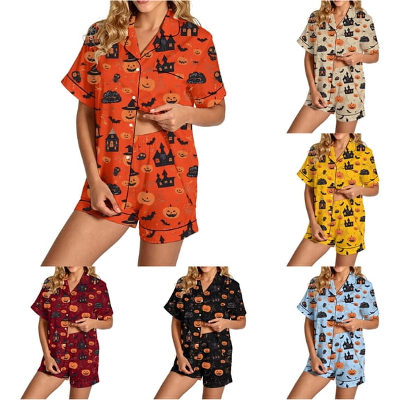 RMGVDSD Womens Pajama Sets Halloween Print Short Sleeve Button Down Sleepwear Shorts Set Two Piece Soft Comfy Nightwear Holiday Party Pajamas