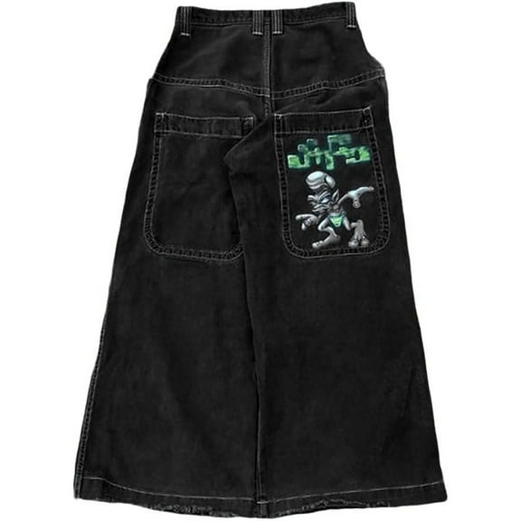 PUYAHG Men's Jeans Mens Washed Y2K Denim Pants Floral Embroidered Long Wide Leg High Waist Loose Fit Streetwear Relaxed Fit Trousers Black,L