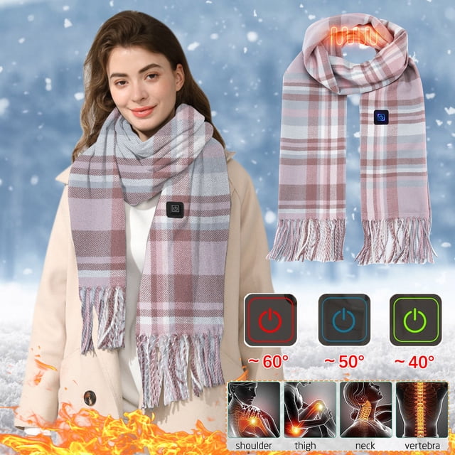 Styesk Foulard Chauffante USB Intelligente Rechargeable Foulard Chauffante 3 Réglages de Température Lavable Chauffe-Cou Électrique à Carreaux Imprimé Froid Protection Extérieure Foulard Chauffante Portable