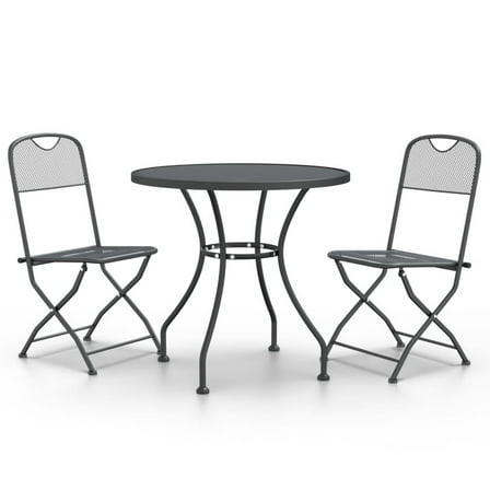 3pc Outdoor Patio Dining Table Set, 2 Chairs, Round Top, Black Metal