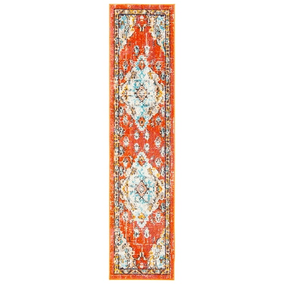 SAFAVIEH Madison Elinor Traditional Distressed Runner Rug, Orange/Light Blue, 2' x 8'