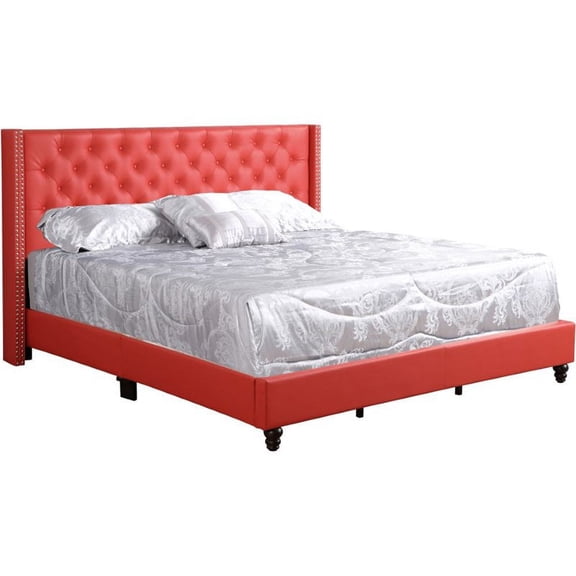 Maklaine Transitional Faux Leather King Bed with Tufted Headboard in Red