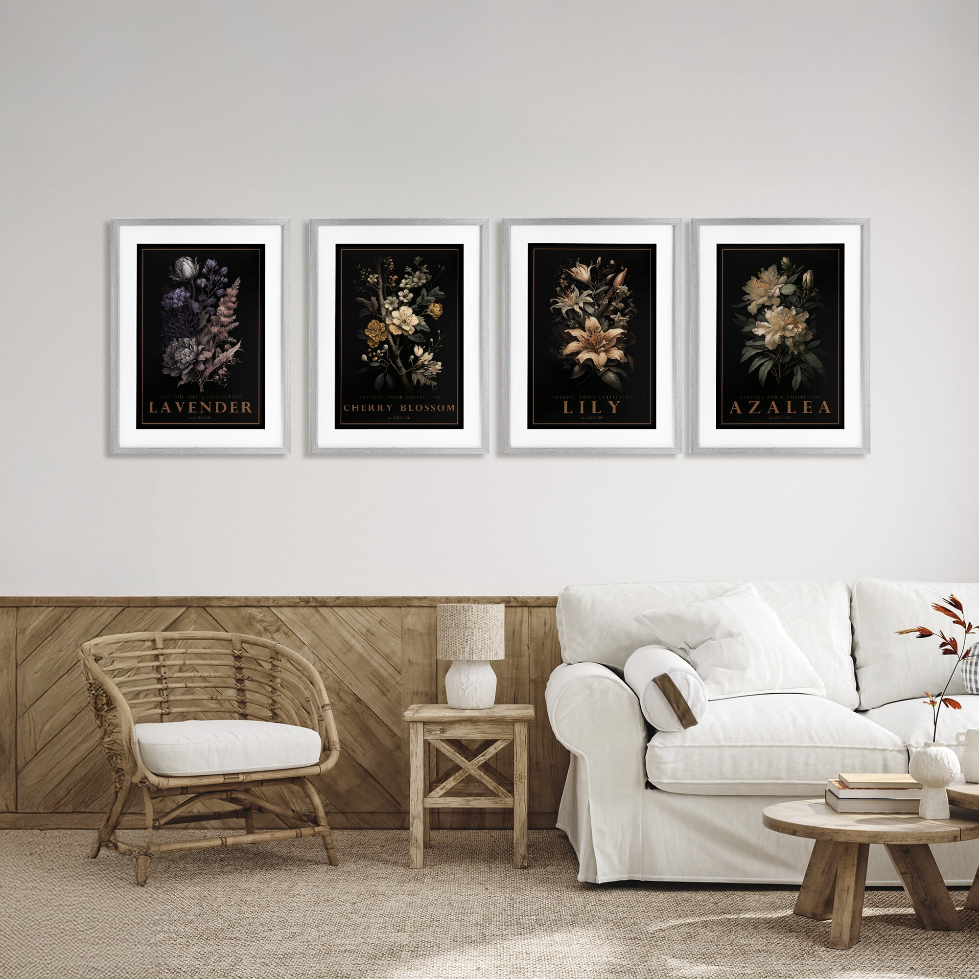 Stupell Industries Antique Varied Botanical Blooms 4 Piece Gray Framed Print Under Glass Set, design by Chris Giampietro