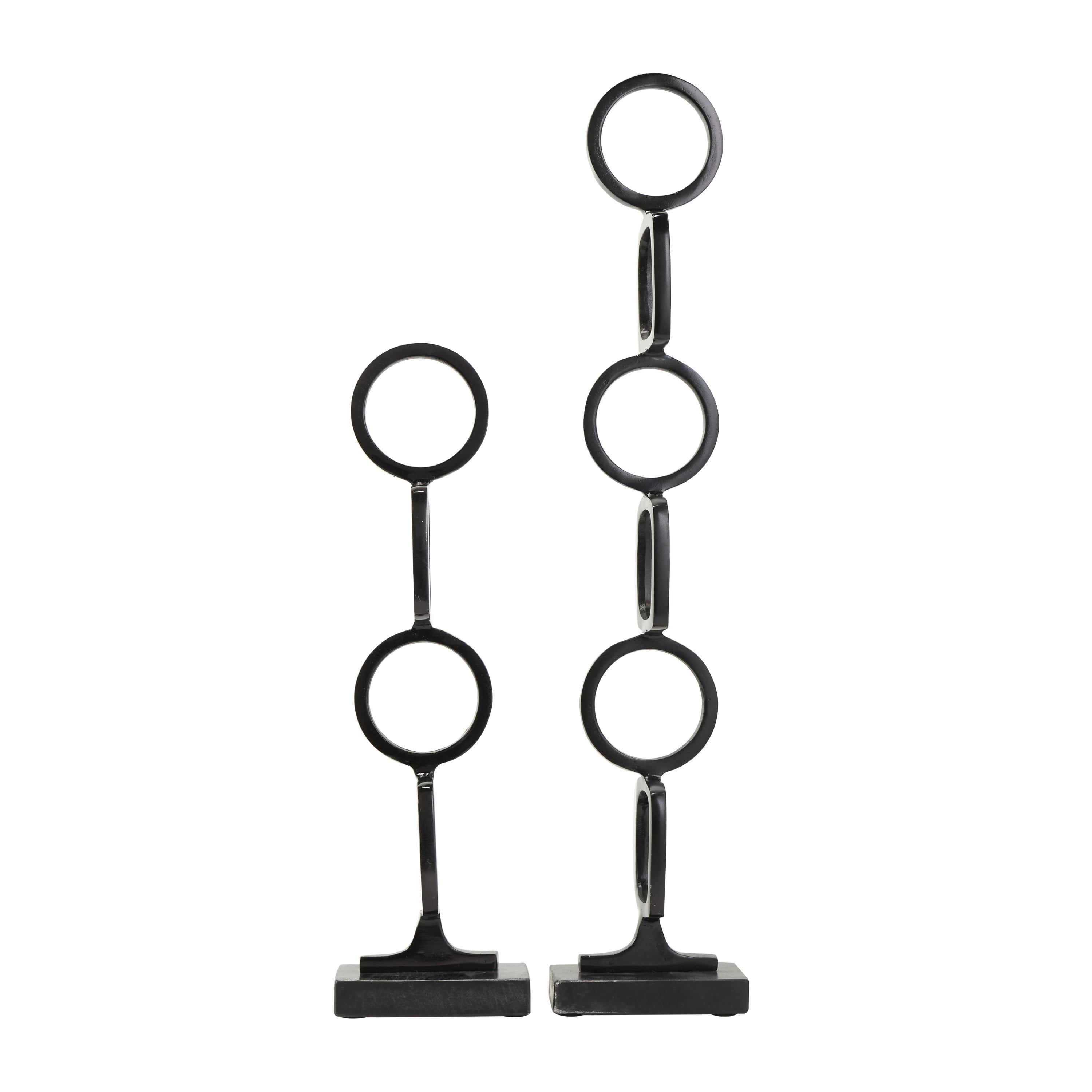 28", 19"H Black Aluminum Stacked Geometric Rings Abstract Sculpture with Marble Bases, by DecMode (2 Count)