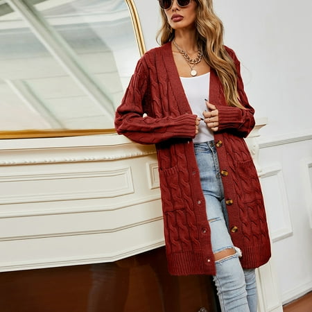 Winter Clearance! Feltree Sweater Coat Autumn And Winter Women's Casual  Coat Long Sleeve Buttons Solid Long Cardigan Tops Sweater With Pocket Wine  XL | Walmart Canada