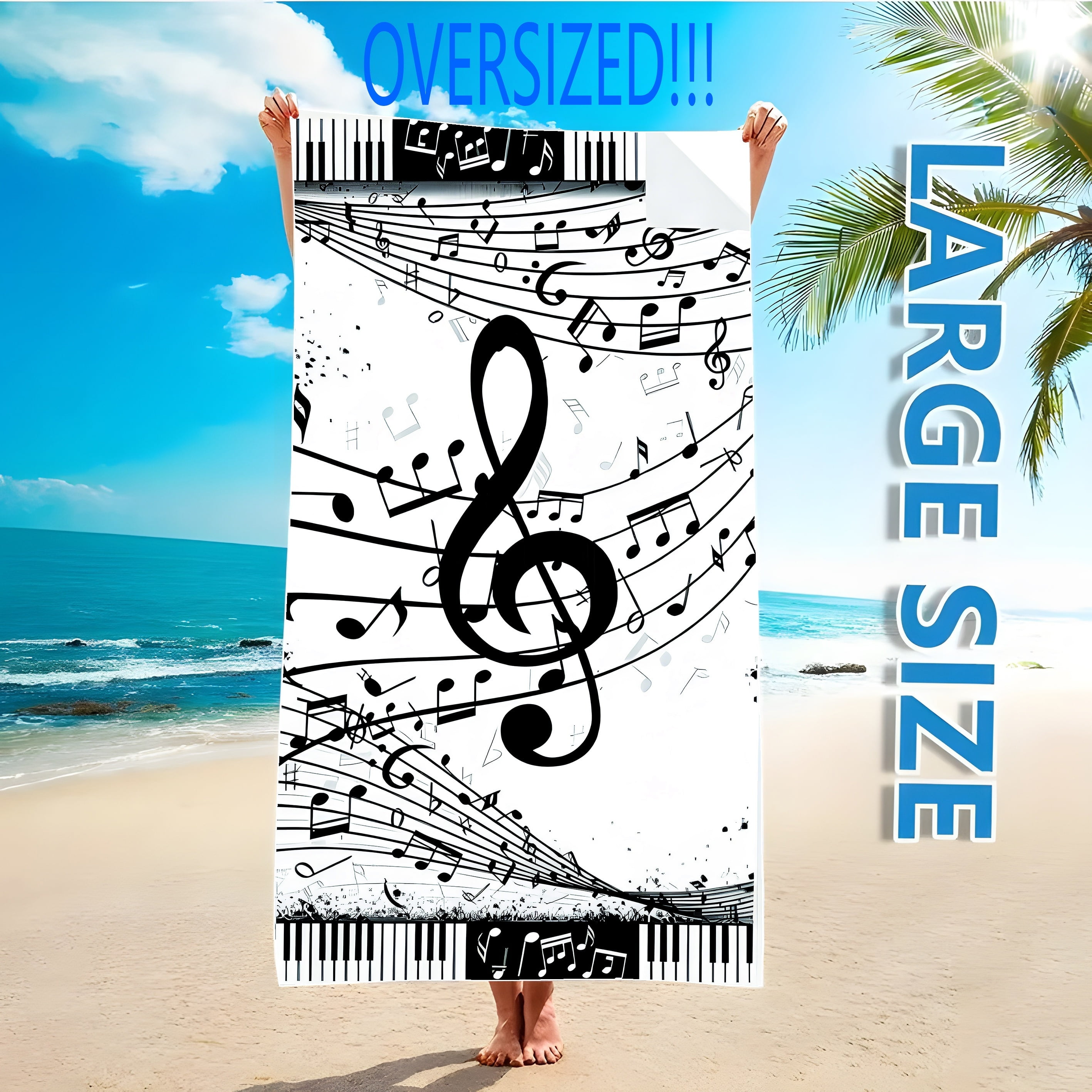 Quick-Dry Music Beach Towel Super Absorbent Bath Towels - Windproof, Microfiber, Bohemian Style Black & White Musical Notes Design - Ideal for Sports, Travel, Swimming, Yoga