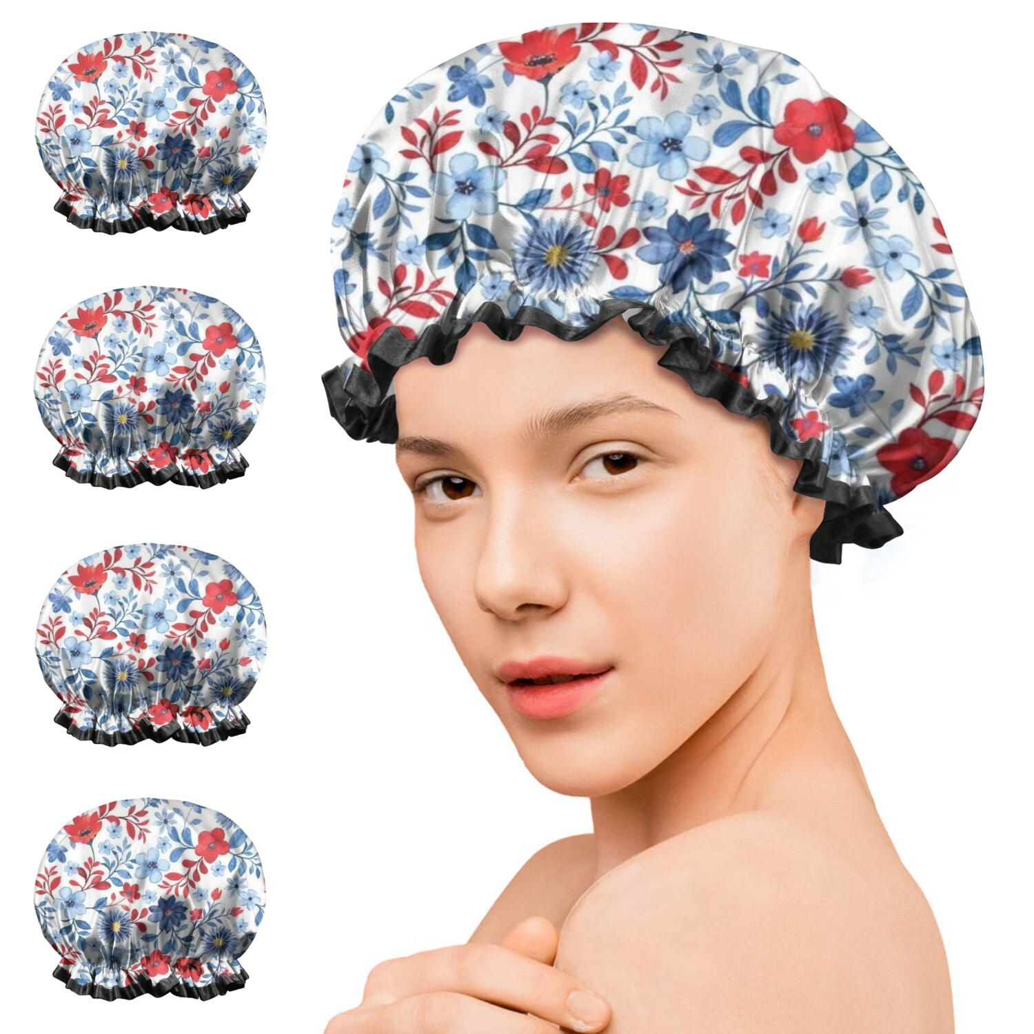 Shower Caps,Pioneer Flower Floral Print Pattern Waterproof Shower Cap for Women 4 Pieces,Double Reusable Hair Cover for Shower PEVA Elastic Stretch Hem