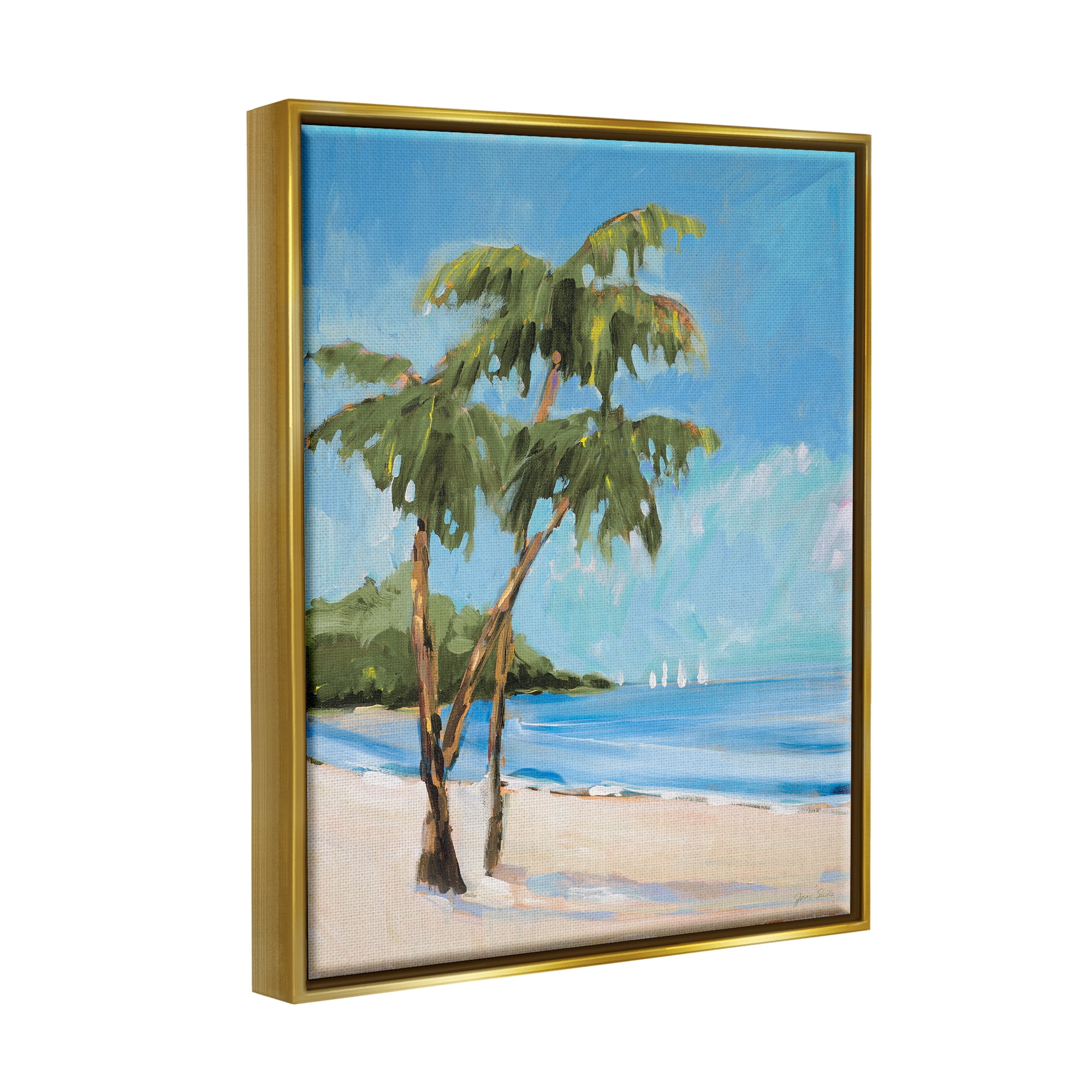 Stupell Industries Palm Trees Beach Landscape Nature Painting Gold Floater Framed Art Print Wall Art, 25 x 31