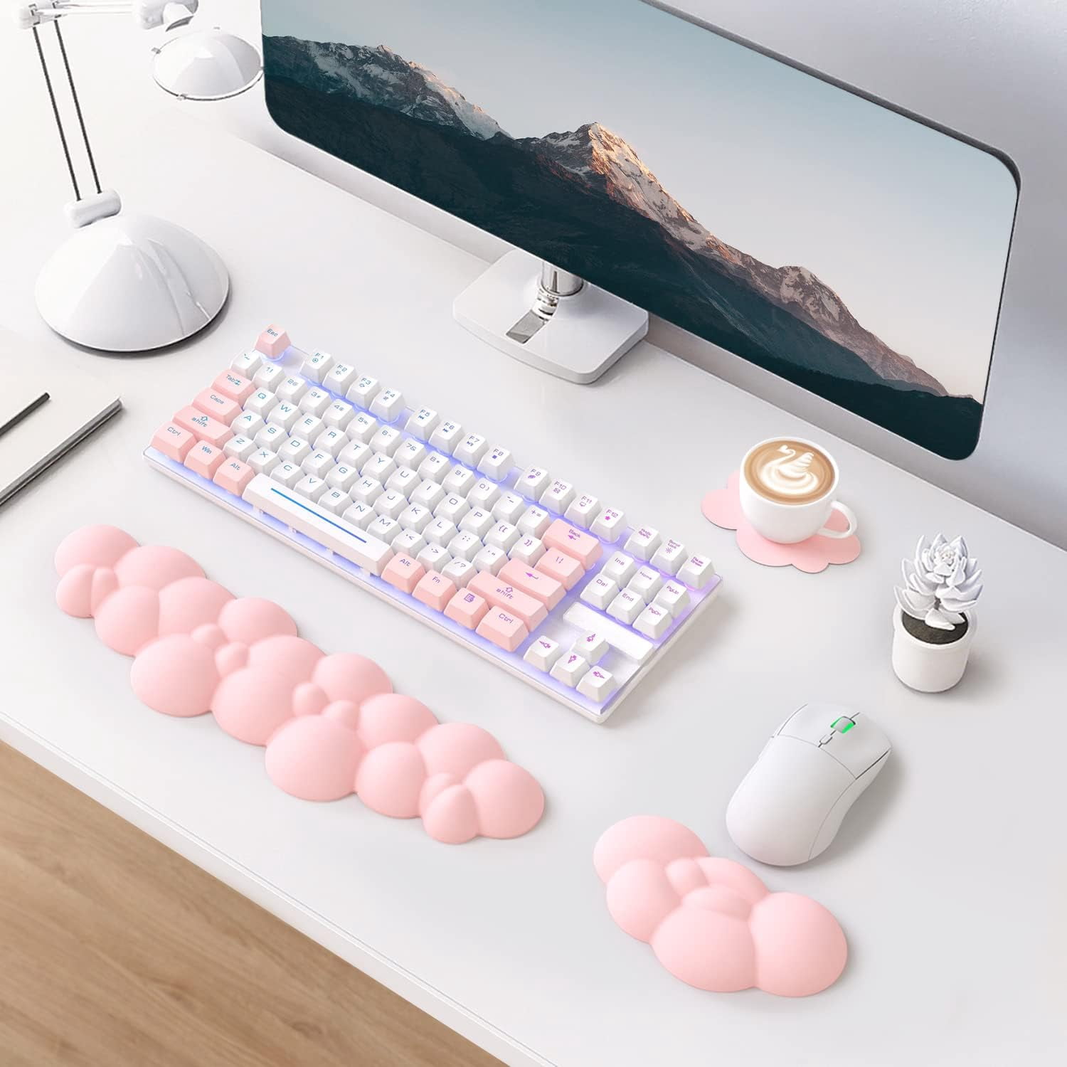 Attack Shark Cloud Keyboard Mouse Wrist Rest with Coaster Set,Ergonomic Palm Rest Combo for Pain Relief, Non-Slip,Ultra-Soft Memory Foam Wrist Cushion Support for Comfortable Typing/Gaming-Flesh Pink