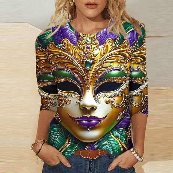LEKWK Womens Mardi Gras Shirts Luxury Pearl Mask Face Round Neck 3/4 Sleeve Graphic Tees Gold Purple Green Costume Carnival Top