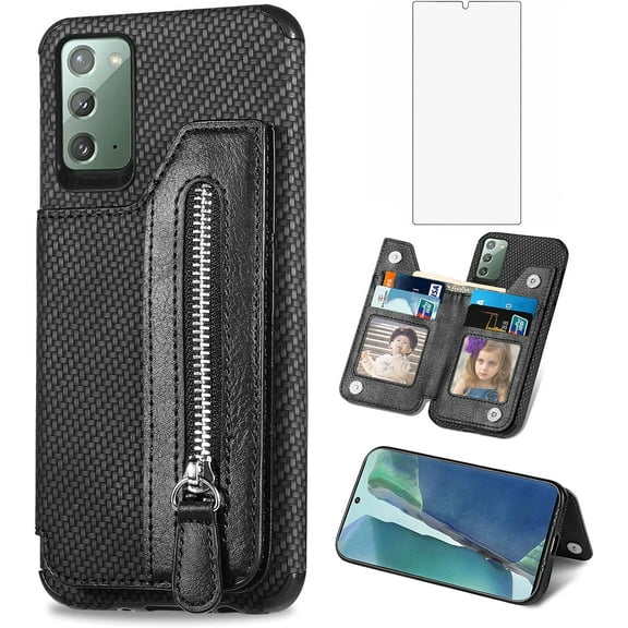 Phone Case for Samsung Galaxy Note 20 Glaxay Note20 5G Wallet Cover with Screen Protector and Zipper Credit Card Holder Stand Leather Cell Accessories Gaxaly Notes 20s Twenty Not S20 Women Men Black