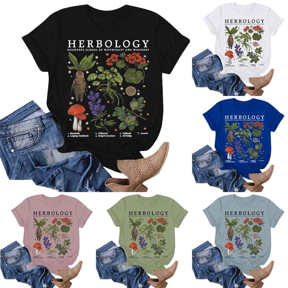 Trendfront Womens Summer Crew Neck Short Sleeve Tops Cropped Length Botanical Tees Graphic Pattern Printed Fashion T-Shirts