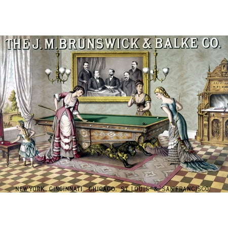 Woman Lithograph - Women Playing Billiards N19Th Century American Lithograph Rolled Canvas Art - (24 x 36)