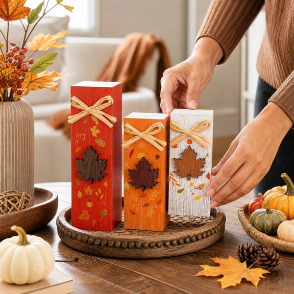 3 Pack, Fall Decorations for Home Wooden Maple Leaf Thanksgiving Decor, Farmhouse Fall Decor for Mantel Shelf Porch, Autumn Tiered Tray Tabletop Display, Indoor Outdoor