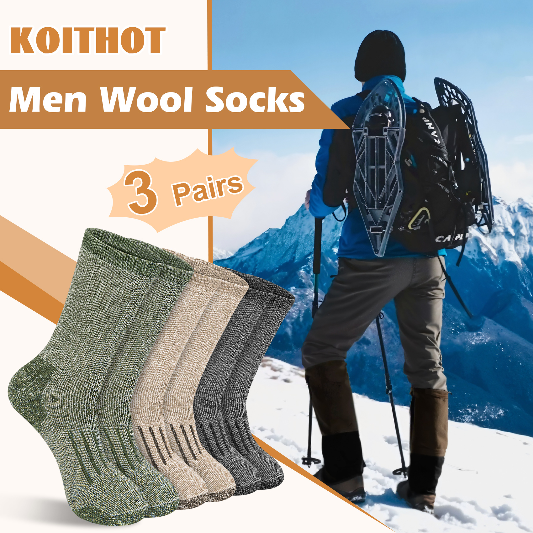 KOITHOT 3 Pack Merino Wool Socks for Men & Women, Thermal Boot Warm Hiking Socks