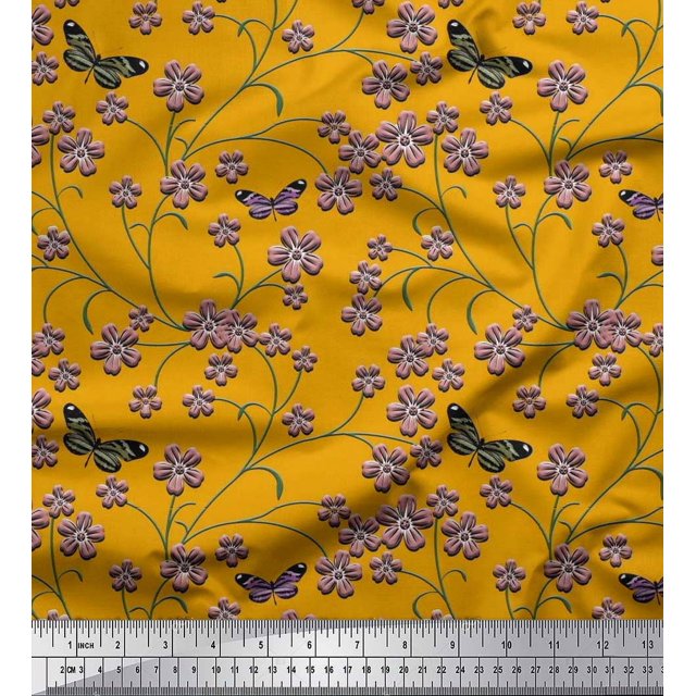Soimoi Rayon Crepe Fabric Insect,Leaves & Flower Floral Decor Fabric Printed Yard 46 Inch Wide