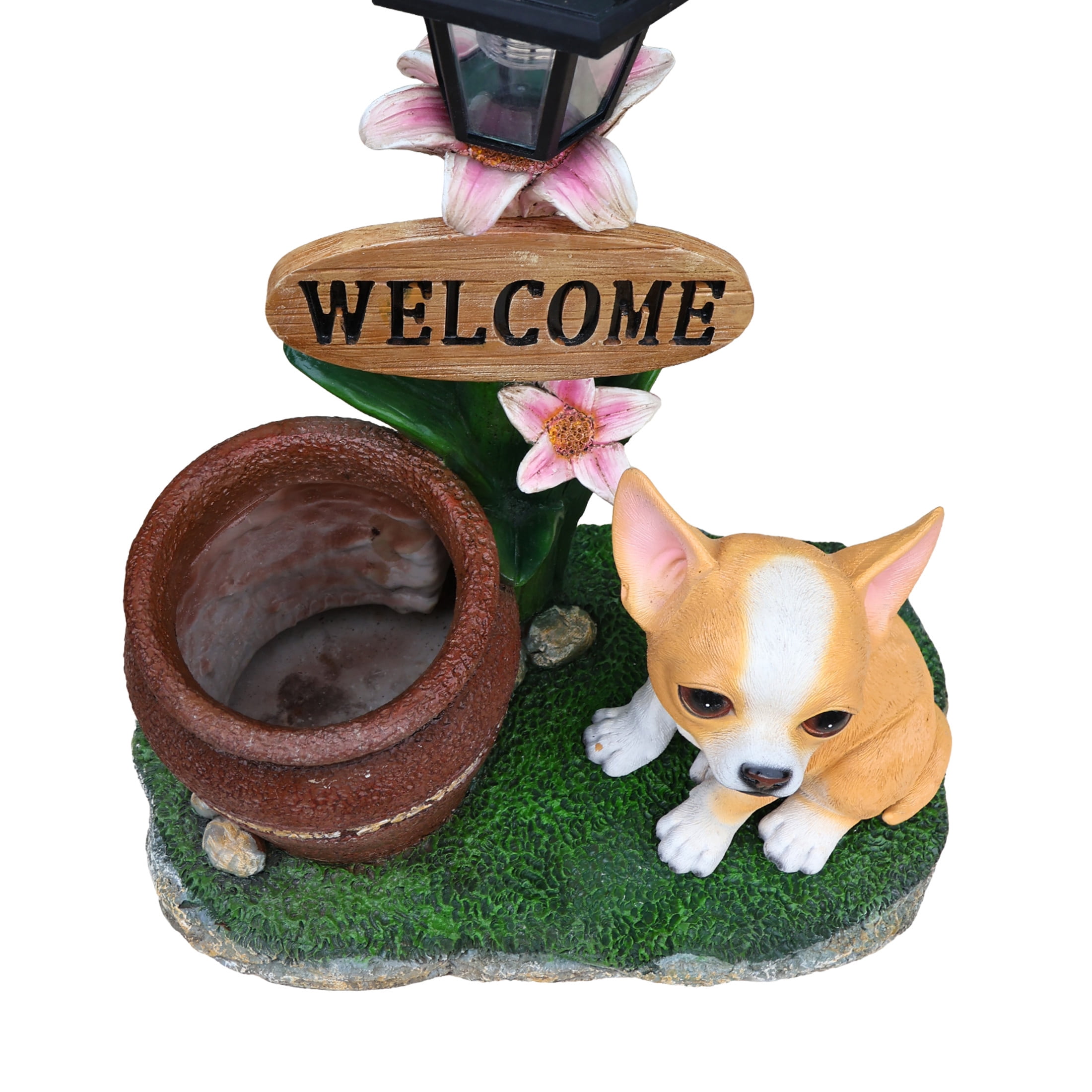 Noble House Corgi Dog Planter Statue with Solar Lantern, Realistic Resin Figurine Flower Pot for Garden, Multicolor