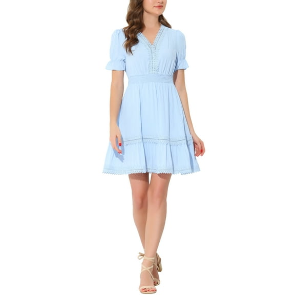 INSPIRE CHIC Women's Sundress V Neck Puff Sleeve Smocked Waist Casual Mini Dress M Light Blue