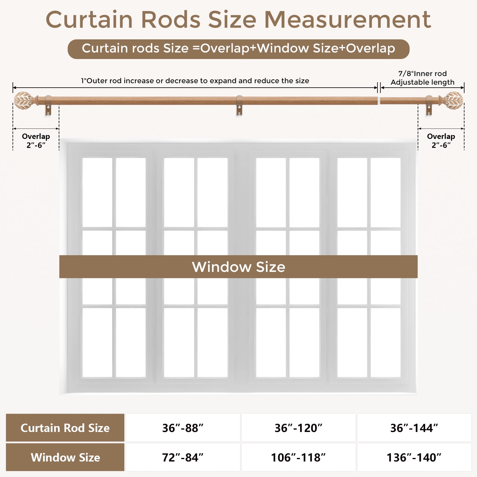OLV Boho Curtain Rods 36-120" Heavy Duty with Wood Grain Leaf Finial,Burlywood-white