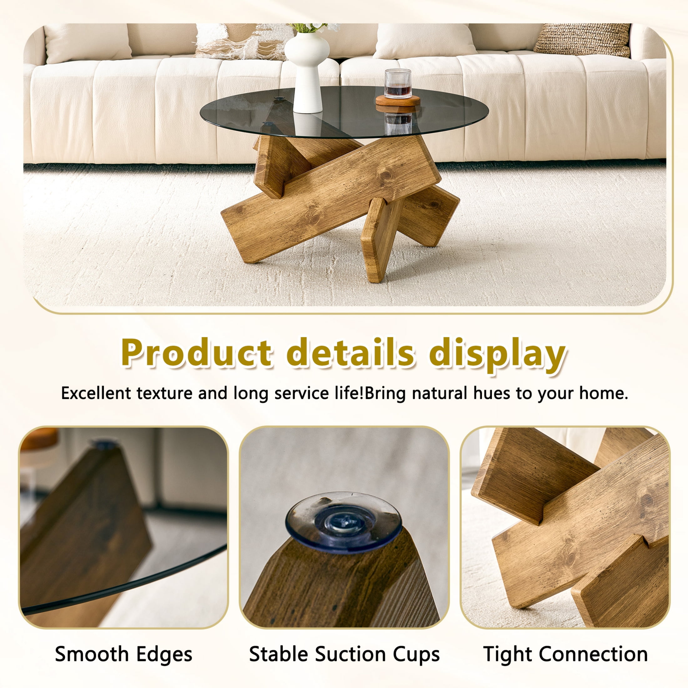 Vinform Round Coffee Table for Living Room, Gray Glass, Natural Wood