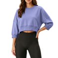 thumbnail image 2 of Staron Women's Crop Tops Crew Neck 3/4 Sleeve Loose Casual Short Sweatshirt Lightweight Drop Shoulder Pullover Top Purple M, 2 of 7