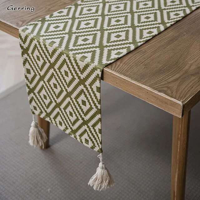 Gerring Nordic Jacquard Blue Table Runner Geometric Tassel Green Tea Table Flag Modern Elegant Table Runners For Dining Table