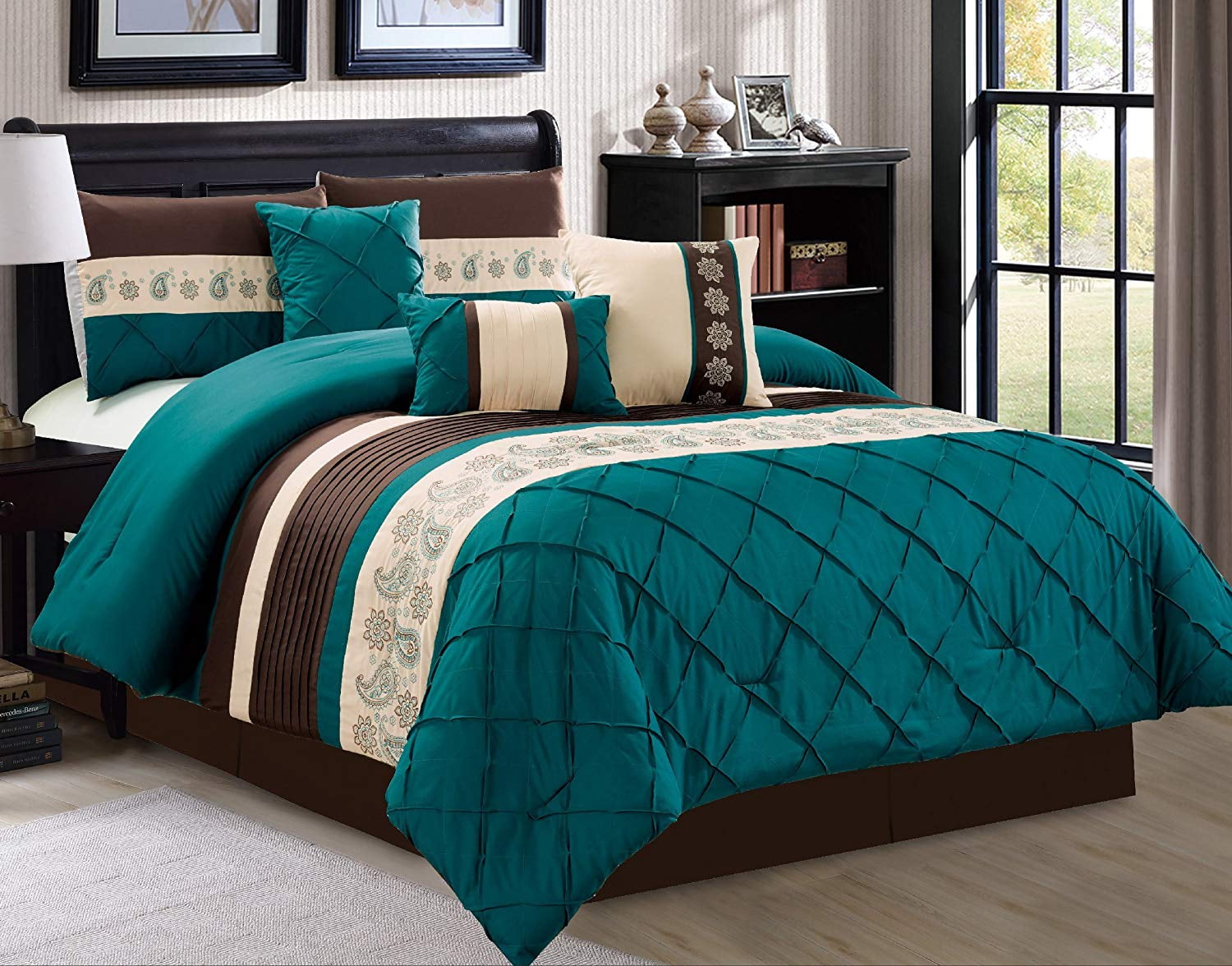 Blue 7 Piece Luxury Striped Microfiber Bedding Sets Bedroom Comforter Set,King 