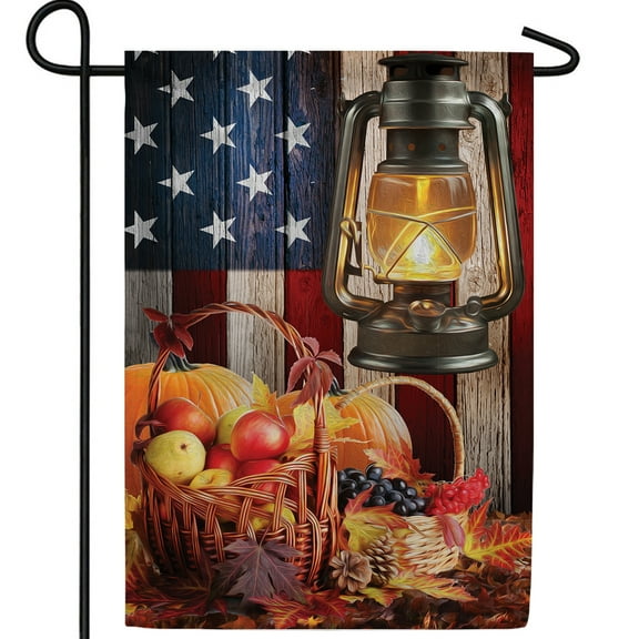 America Forever Patriotic Harvest Garden Flag, 12.5 x 18 inches Double Sided, Rustic Lantern and USA Flag Garden Flag, Thanksgiving Fall Seasonal Outdoor Decor, Holiday Outside Yard Decorations