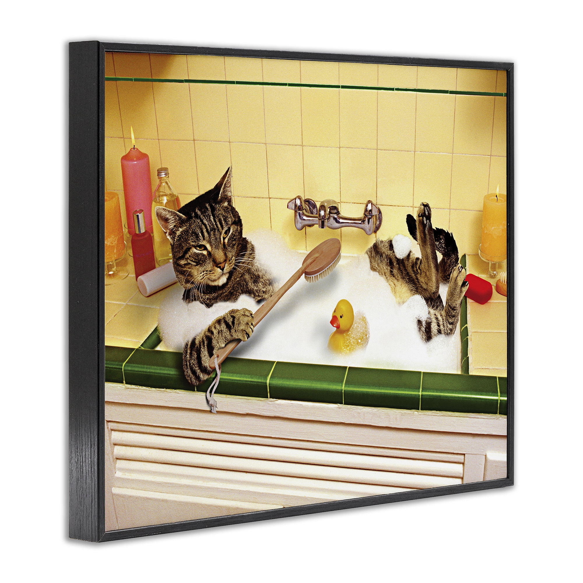 Stupell Industries Cat Bathing in Tub Typography Painting Black Framed Art Print Wall Art, 30 x 24