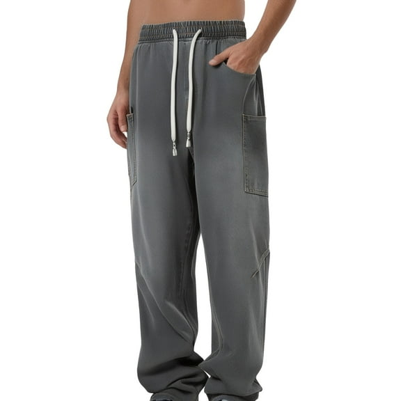 Luwomo Jeans for Mens Stylish Solid Color Long Trousers Elastic Waist Drawstring Wide Leg Streetwear Denim Pants Black,L