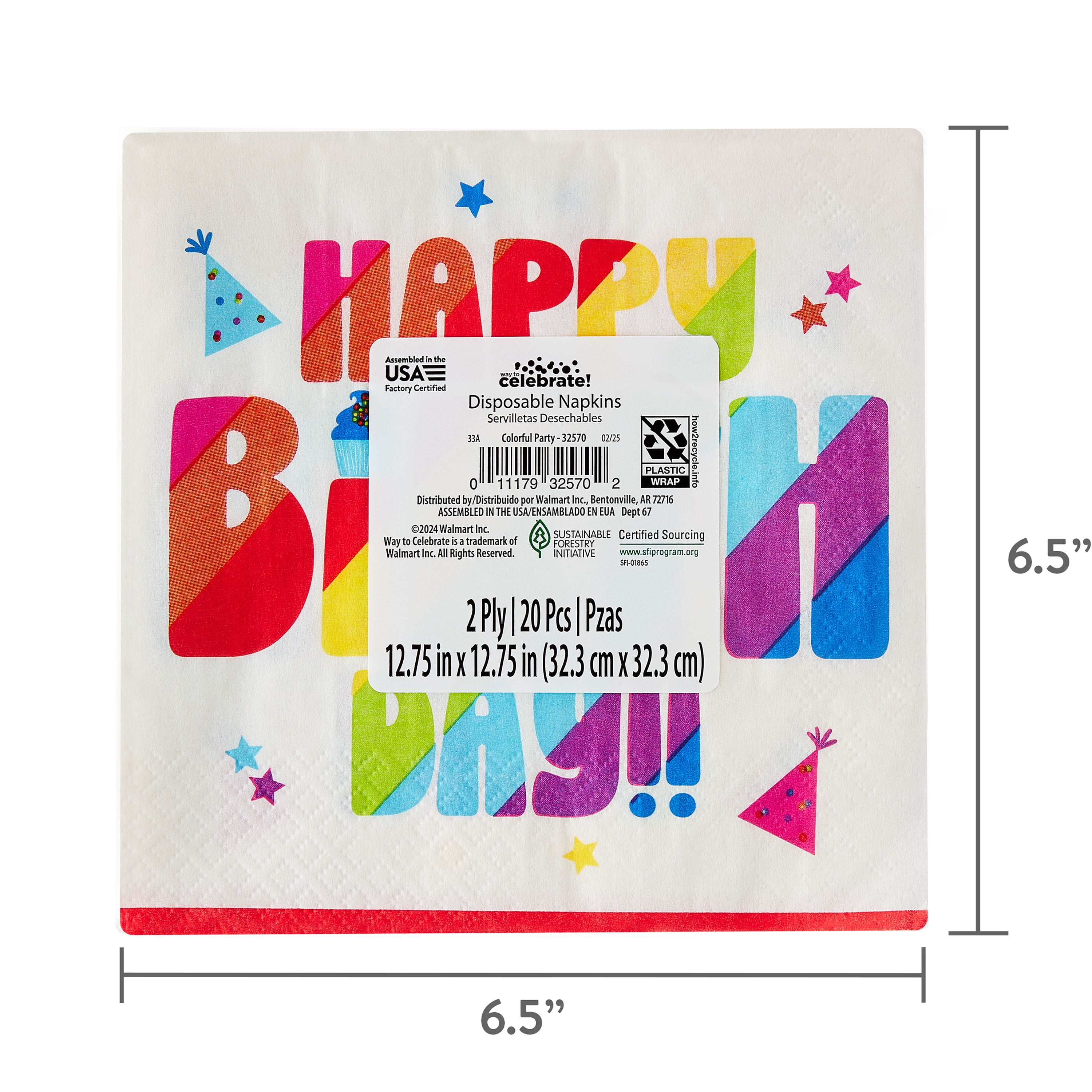6.5" x 6.5" Disposable Multicolor Happy Birthday Paper Lunch Napkins, 20 Count, by Way To Celebrate