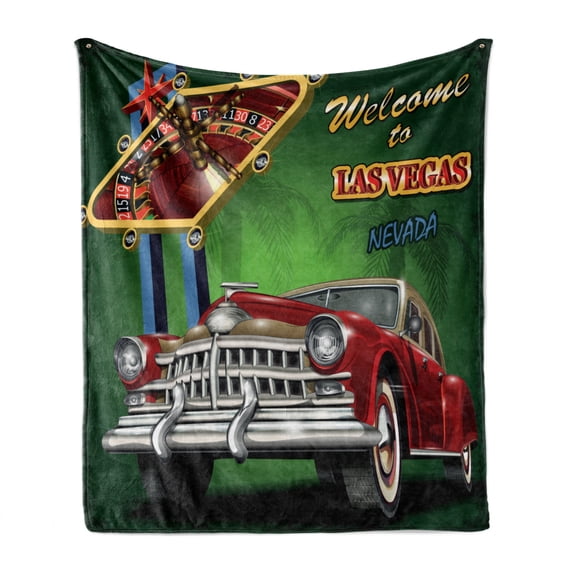 Las Vegas Soft Flannel Fleece Blanket, Welcome Sign to Nevada with Retro Car and Roulette Table on Palm Tree Silhouettes, Cozy Plush for Indoor and Outdoor Use, 70" x 90", Multicolor, by Ambesonne