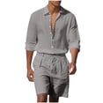 thumbnail image 2 of Hrsba Men Outfits 2 Piece Set, Solid Color Linen Button Lapel Long Sleeve Shirt and Drawstring Elastic Waist Shorts Summer Beach Set, 2 of 5