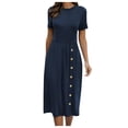 thumbnail image 1 of B91xZ Robes pour Femmes Décontractées Col en V Manches Courtes à Volants Ceinture Ourlet Plissé Robe Midi Soleil, Marine P, 1 of 4