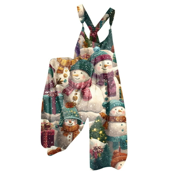 Women's Summer Overalls with Christmas Print - Vintage Jumpsuit (Non-Adjustable Straps), Dark Green, Size L
